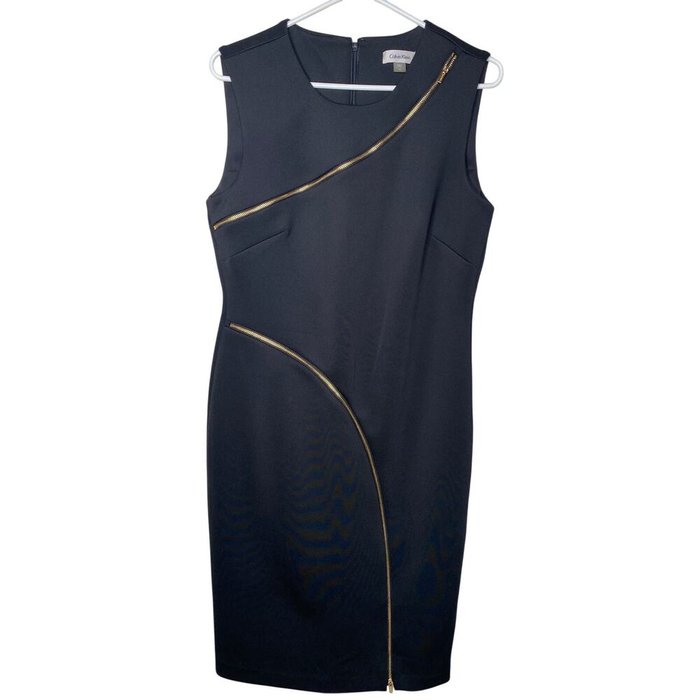 Calvin Klein Black Sheath Dress Size 10 with gold zipper embellishment